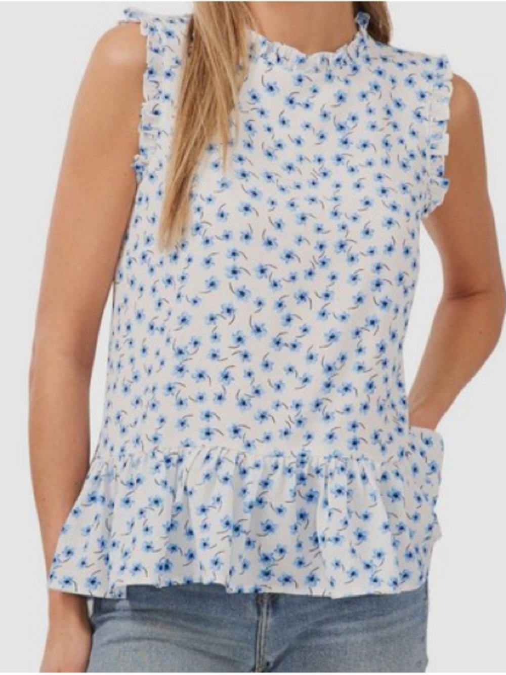 White & Blue Floral Ruffle Hem Tank Top